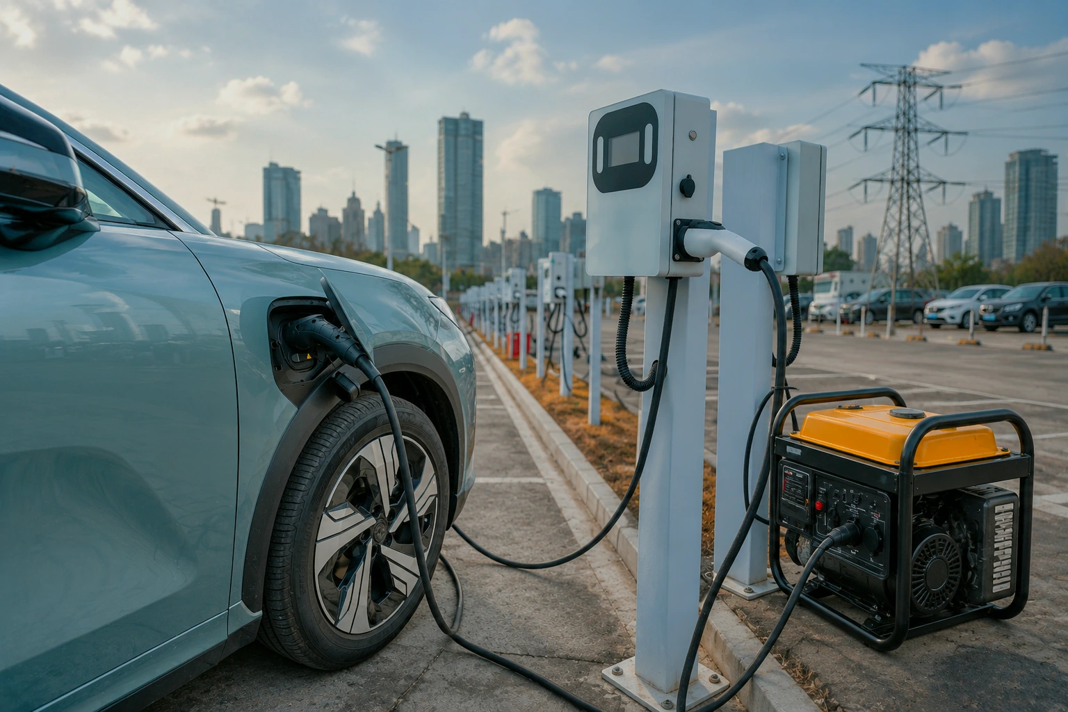Nigeria’s EV Ambitions Hit a Major Roadblock: Unreliable Power Supply Electric vehicle charging beside power transmission infrastructure in Nigeria