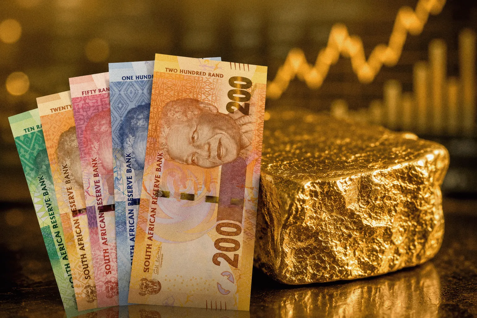 South African Rand Gains as Gold Strength Supports Currency Ahead of U.S. Jobs Data South African rand and gold market illustration